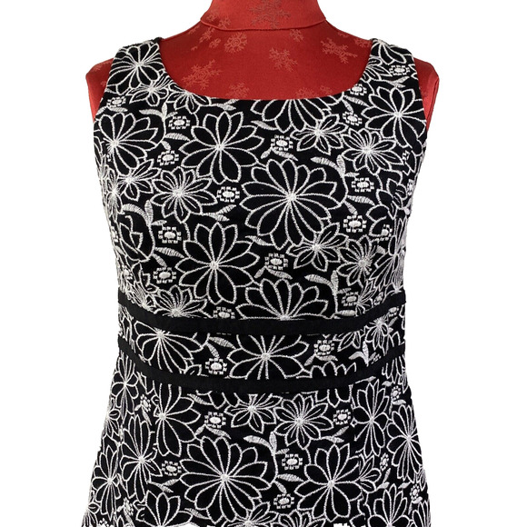 Talbots Black & White Sleeveless Dress Size 6P Empire Waist Embroidered Lined - Picture 2 of 9